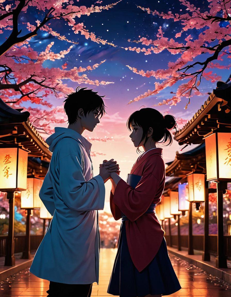 A captivating and dynamic scene showcasing two characters in a heartfelt embrace, surrounded by vibrant and colorful manga-style backgrounds filled with whimsical elements like sakura blossoms and glowing lanterns. The characters should express raw emotion and affection, illustrating a blend of intimacy and fantasy, with expressive eyes and detailed anime features. The overall composition should evoke a sense of passion while maintaining artistic tastefulness. vibrant colors. anime style. dynamic perspective.