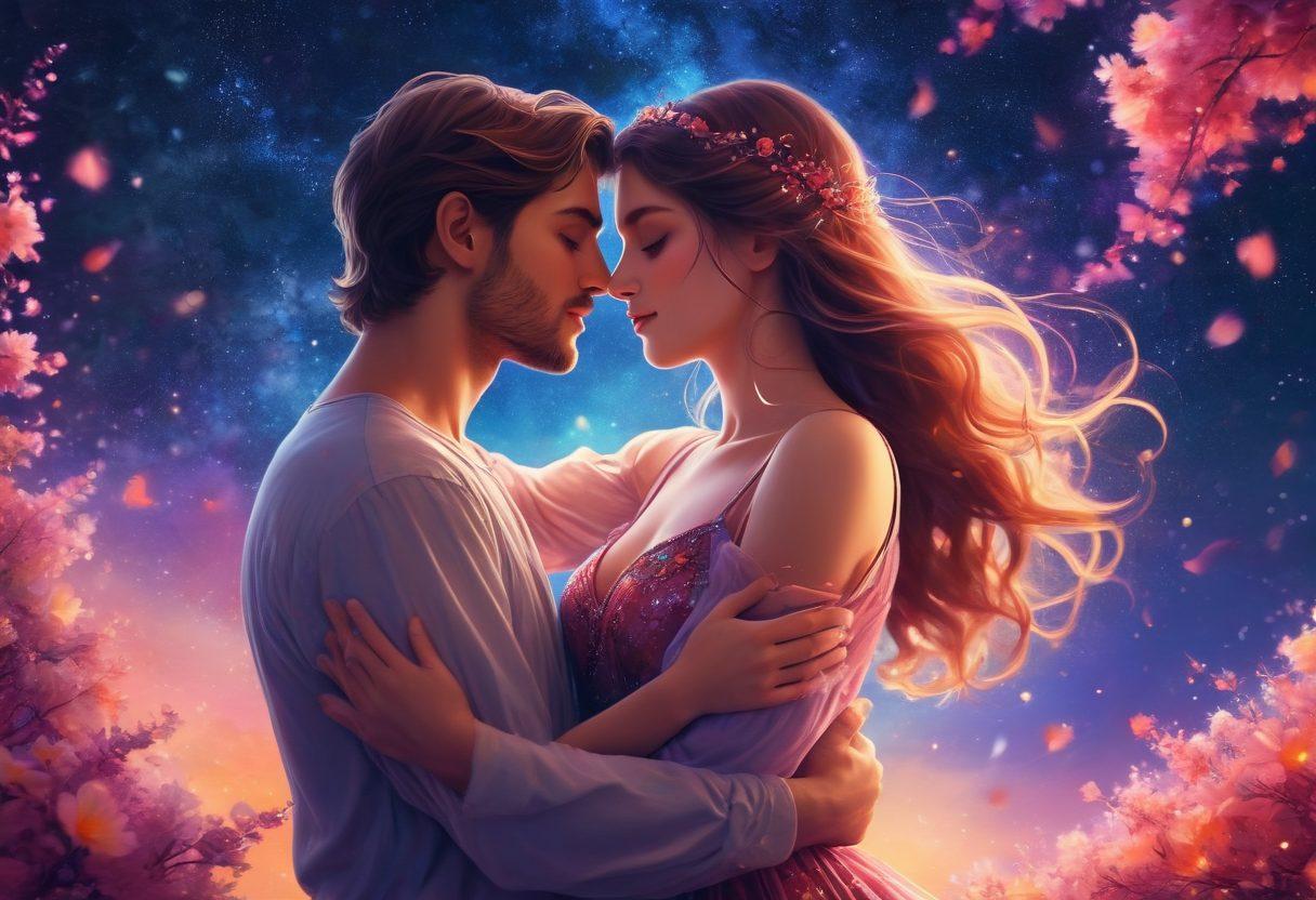 A captivating scene depicting two figures in a dreamy, animated style, embracing under a starlit sky. Their expressions are filled with deep passion and affection, surrounded by swirling colors representing emotion. Delicate petals fall around them, symbolizing love and intimacy, with a hint of surreal elements like floating hearts. soft focus. vibrant colors. digital art.
